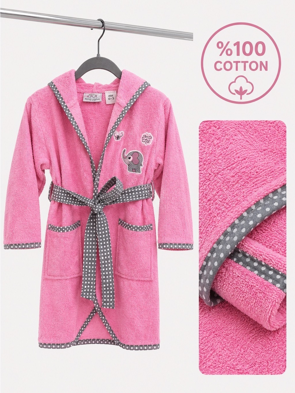 Baby Pink Bathrobe 100% Cotton Hooded Elephant Soft Robe 0-3 Months